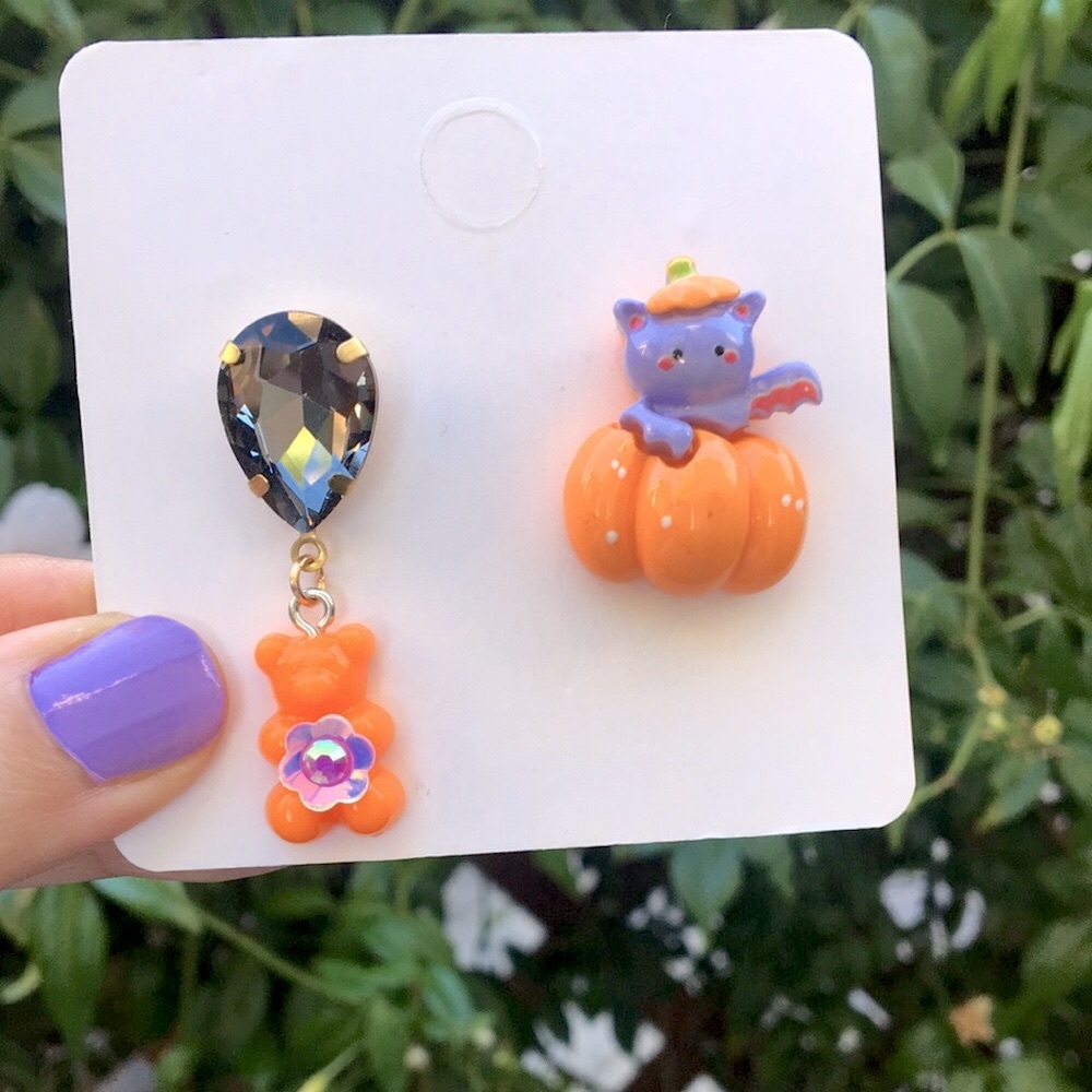 Black Diamond Crystal, Gummy Bear + Cat Pumpkin Halloween Drop Earrings View 4